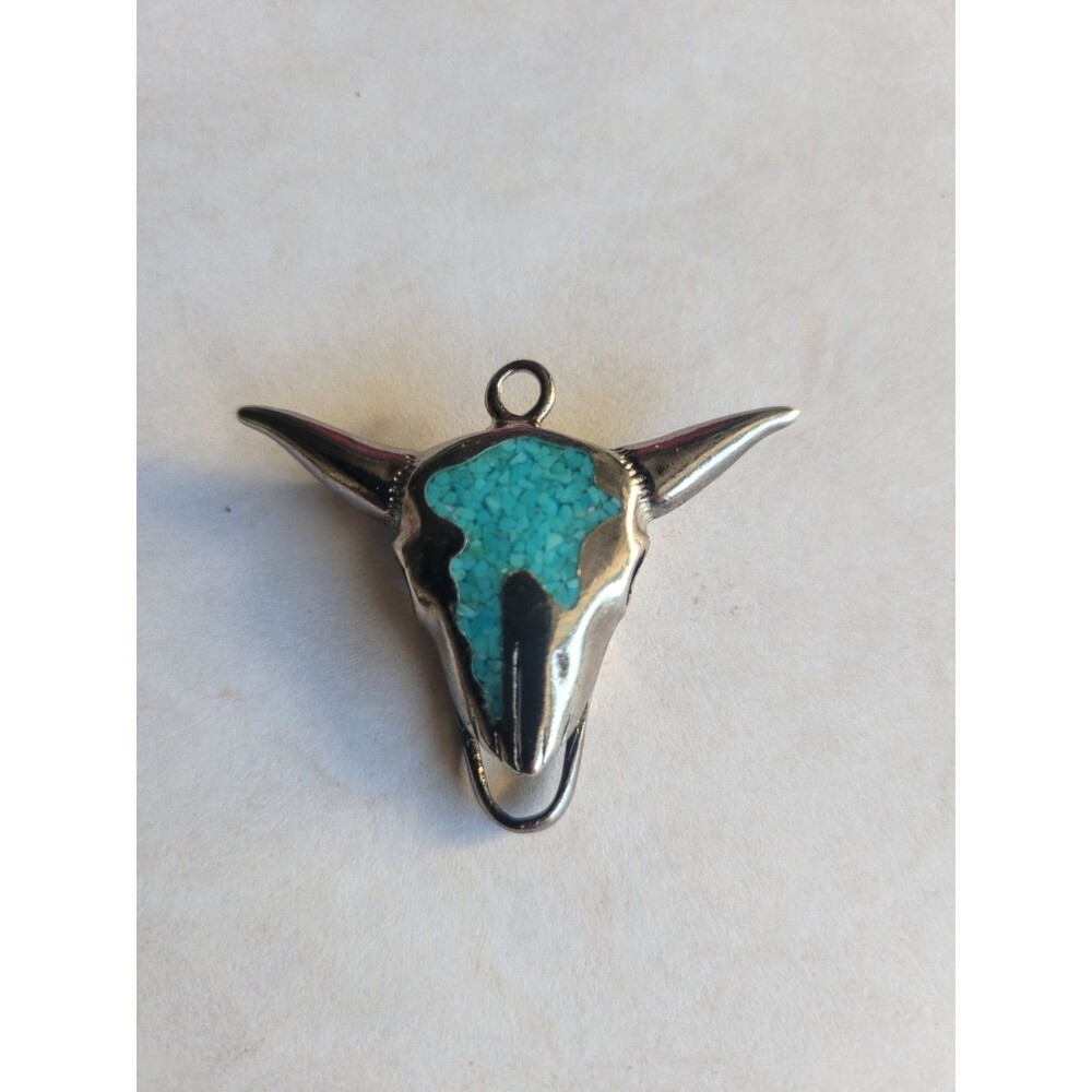 Vintage Pewter Steer Skull Longhorn Pendant Turquoise Inlay Southwestern Pendant